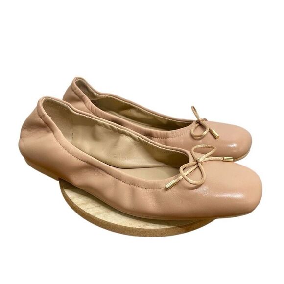 Stuart Weitzman Bardot Leather Ballet Flats Square Toe Bow Tan Nude Neutral 7 - Picture 1 of 8